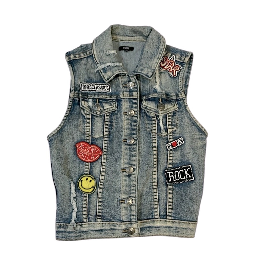 ChiOle Distressed Cropped Denim Vest S patches crop 90s rocker rock concert